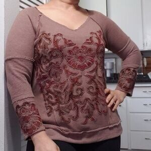 Soft Surroundings‎ Sweater Appliqué Womens Maroon Fleece Pullover L